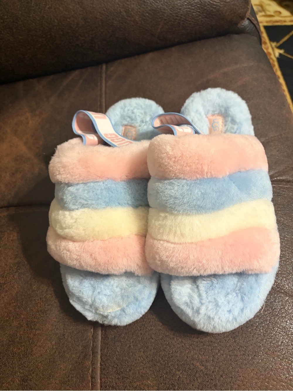 UGG Kids Pastel Fuzzy Slide Slippers - Pink Blue Cream